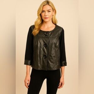 Women's Black Leather-Front Button Jacket